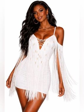 Votique White Fringe Mini Dress with Lace-Up V-Neck Size Medium